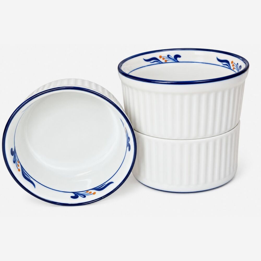 Vintage 1980s Dansk Bistro Maribo Ramekins Set 3 4" Japan Blue Berry Porcelain